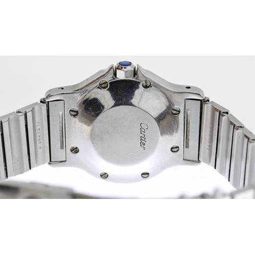 28 - CARTIER SANTOS OCTAGON AUTOMATIC WITH BOX, circular silver dial with blue hands, quickset date at 3 ... 