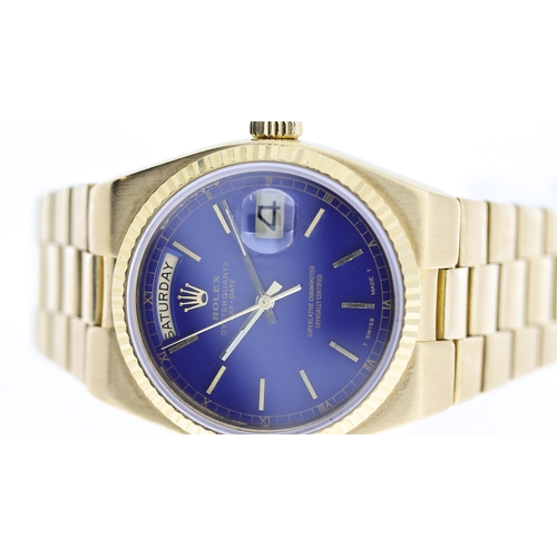 60 - RARE 18CT ROLEX OYSTERQUARTZ DAY-DATE REFERENCE 19018 WITH BOX, blue dial with gold hour markers, ou... 