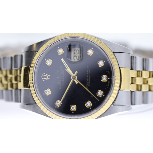 61 - ROLEX OYSTER PERPETUAL DATEJUST 36 REFERENCE 16233 circa 1990,  black diamond dot dial, gold hands a... 