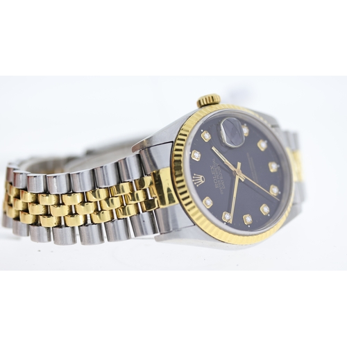 61 - ROLEX OYSTER PERPETUAL DATEJUST 36 REFERENCE 16233 circa 1990,  black diamond dot dial, gold hands a... 