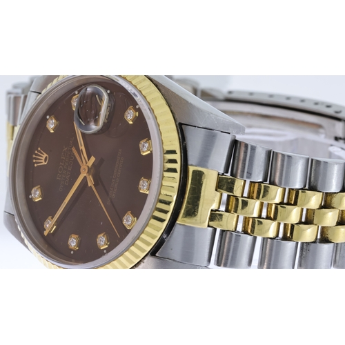 61 - ROLEX OYSTER PERPETUAL DATEJUST 36 REFERENCE 16233 circa 1990,  black diamond dot dial, gold hands a... 