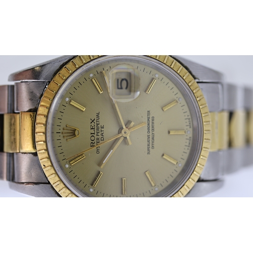 65 - ROLEX OYSTER PERPETUAL DATE REFERENCE 15223, champagne dial, baton hour markers, engine turned bezel... 