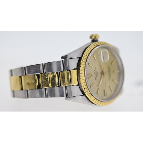 65 - ROLEX OYSTER PERPETUAL DATE REFERENCE 15223, champagne dial, baton hour markers, engine turned bezel... 