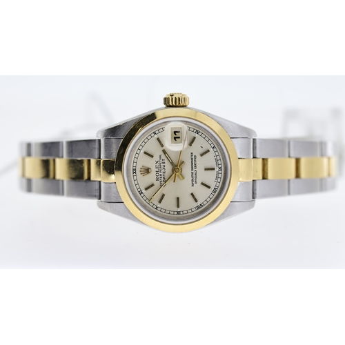 66 - LADIES ROLEX DATEJUST 26 STEEL & GOLD W/BOX, approx 24mm circular champagne dial with baton hour mar... 