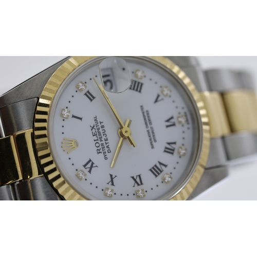 68 - ROLEX OYSTER PERPETUAL DATE REFERENCE 68723, white after market dial diamond set, fluted beel, 31mm ... 