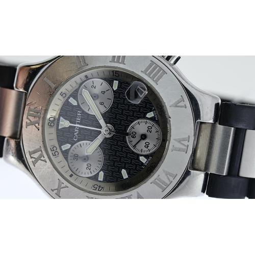 74 - CARTIER CHRONOGRAPH 21 REFERENCE 2424, black dial, triple register chrnograph, luminous hourmarkers,... 