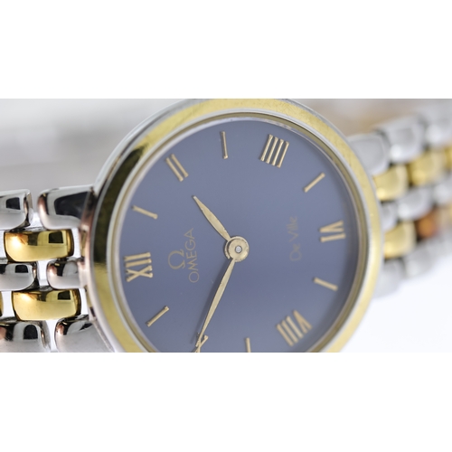 96 - LADIES OMEGA DE VILLE QUARTZ WATCH CIRCA 1993, circular blue dial with roman numeral hour markers, a... 