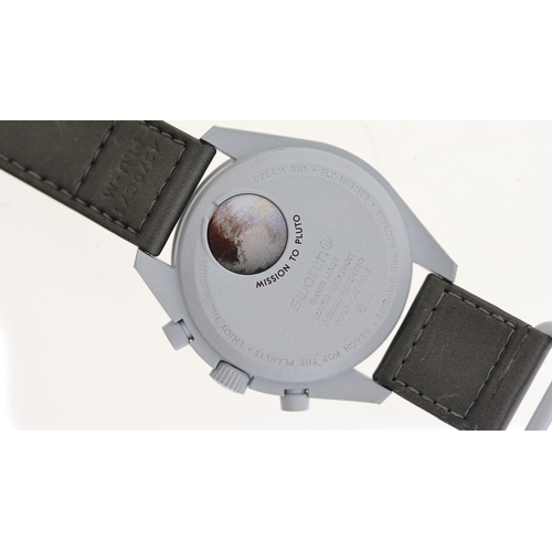 98 - OMEGA MOONSWATCH SPEEDMASTER MISSION TO PLUTO WITH BOX,  grey blue case, burgundy detail and strap q... 