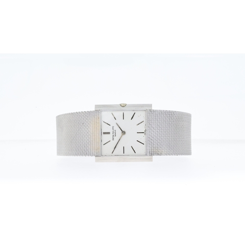 299 - VINTAGE 18CT WHITE GOLD PATEK PHILIPPE DRESS WATCH, circular dial with baton hour markers, 26mm squa... 