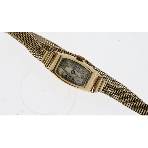 334 - 1930s 9ct Cocktail Watch, rectangular cushion case, Arabic numerals, 14mm, 9ct case and bracelet 15g... 