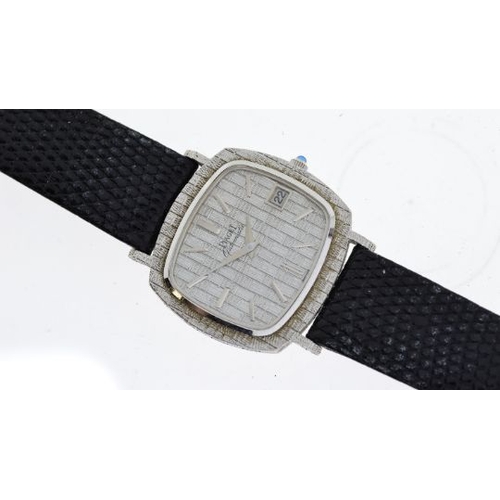 285 - 18CT PIAGET AUTOMATIC WITH BOX REFERENCE 13433, rectangular silver textured pattern dial with baton ... 