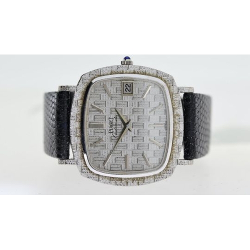 285 - 18CT PIAGET AUTOMATIC WITH BOX REFERENCE 13433, rectangular silver textured pattern dial with baton ... 