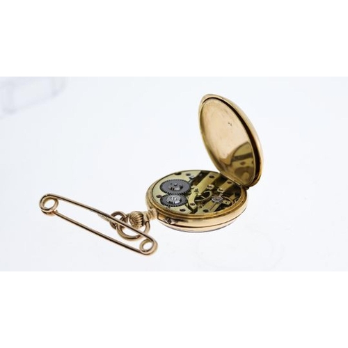 288 - 18CT POCKET WATCH WITH PIN, white dial with roman numeral hour markers, approx 35mm 18ct case, hallm... 