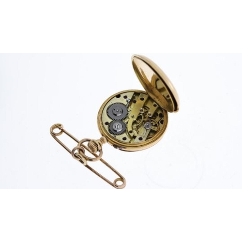 288 - 18CT POCKET WATCH WITH PIN, white dial with roman numeral hour markers, approx 35mm 18ct case, hallm... 