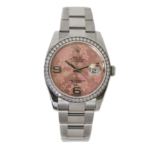 10 - ROLEX DATEJUST DIAMOND BEZEL REFERENCE 116244 CIRCA 2010, circular pink floral dial, quickset date a... 