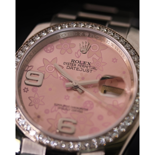 10 - ROLEX DATEJUST DIAMOND BEZEL REFERENCE 116244 CIRCA 2010, circular pink floral dial, quickset date a... 