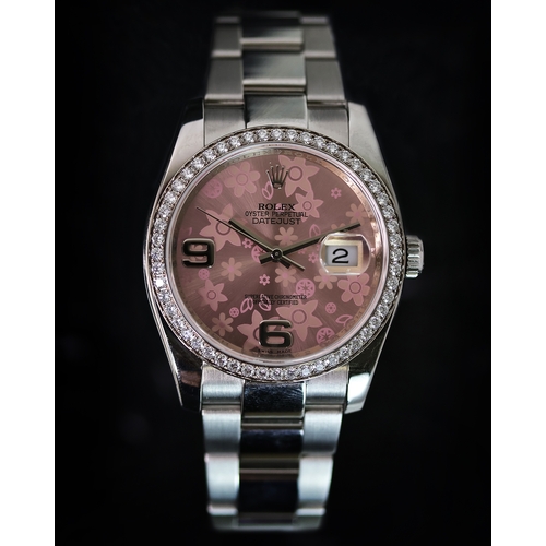 10 - ROLEX DATEJUST DIAMOND BEZEL REFERENCE 116244 CIRCA 2010, circular pink floral dial, quickset date a... 