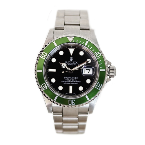 11 - ROLEX SUBMARINER 'KERMIT' REFERENCE 16610LV CIRCA 2006, circular gloss black dial with applied hour ... 