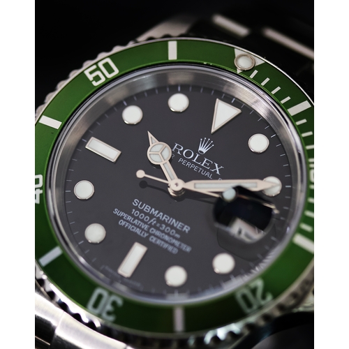 11 - ROLEX SUBMARINER 'KERMIT' REFERENCE 16610LV CIRCA 2006, circular gloss black dial with applied hour ... 