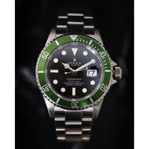 11 - ROLEX SUBMARINER 'KERMIT' REFERENCE 16610LV CIRCA 2006, circular gloss black dial with applied hour ... 