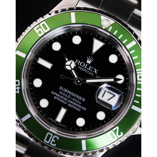 11 - ROLEX SUBMARINER 'KERMIT' REFERENCE 16610LV CIRCA 2006, circular gloss black dial with applied hour ... 