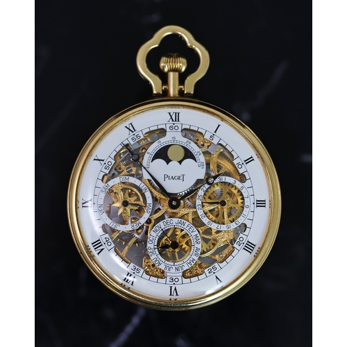 12 - RARE 18CT PIAGET SKELETON PERPETUAL CALENDAR POCKET WATCH, circular white skeletonised dial with rom... 