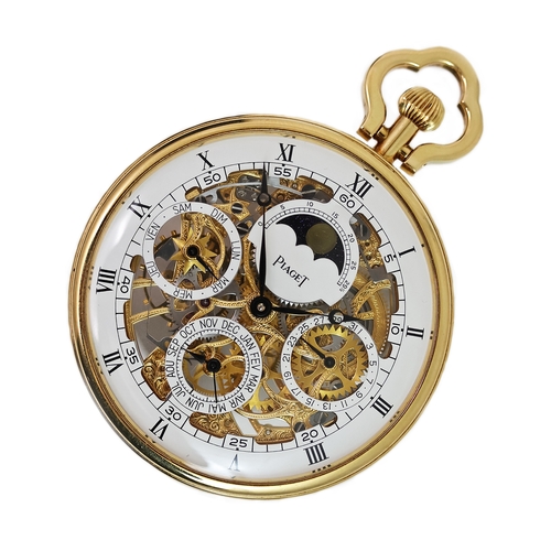 12 - RARE 18CT PIAGET SKELETON PERPETUAL CALENDAR POCKET WATCH, circular white skeletonised dial with rom... 