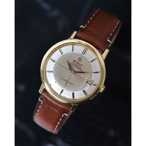 13 - 18CT VINTAGE OMEGA CONSTELLATION REFERENCE 168.5004 CIRCA 1963, circular silver dial with baton hour... 