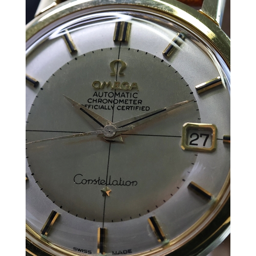 13 - 18CT VINTAGE OMEGA CONSTELLATION REFERENCE 168.5004 CIRCA 1963, circular silver dial with baton hour... 