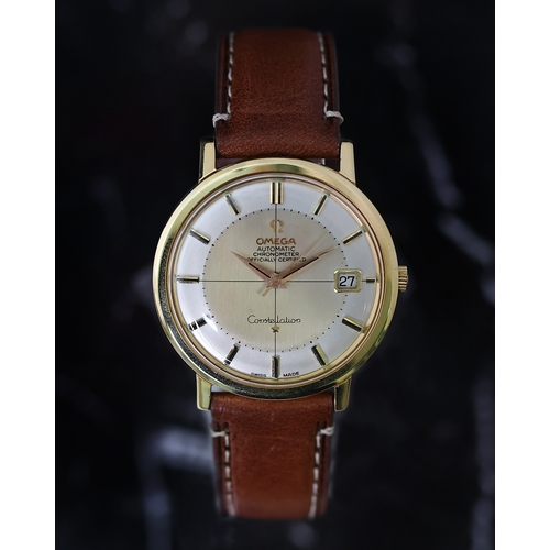 13 - 18CT VINTAGE OMEGA CONSTELLATION REFERENCE 168.5004 CIRCA 1963, circular silver dial with baton hour... 