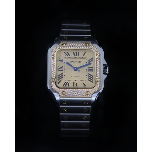 16 - CARTIER SANTOS AUTOMATIC DIAMOND SET REFERENCE 4075, square champagne dial with roman numeral hour m... 