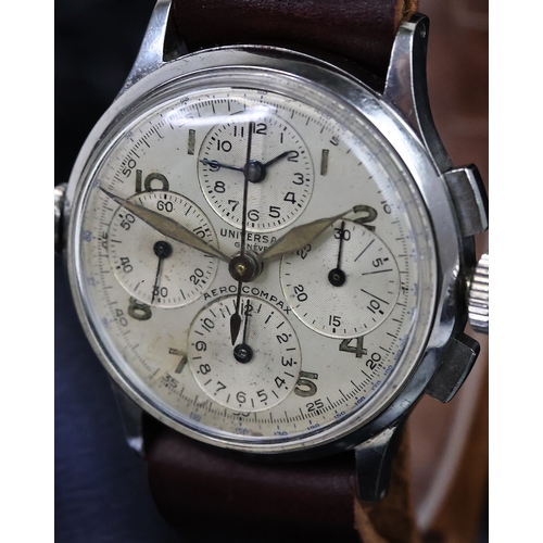 19 - RARE UNIVERSAL GENEVE AREO-COMPAX REFERENCE 22285 CIRCA 1940's, circular silver dial with arabic num... 