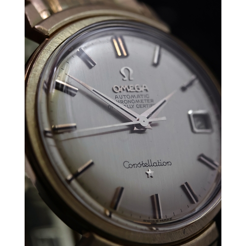 29 - 18CT OMEGA CONSTELLATION REFERENCE 168.002 CIRCA 1962, circular gold dial with baton hour markers, a... 