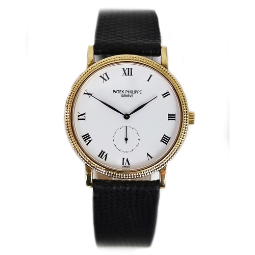 34 - 18CT PATEK PHILIPPE CALATRAVA MECHANICAL WRISTWATCH, circular white dial with roman numeral hour mar... 