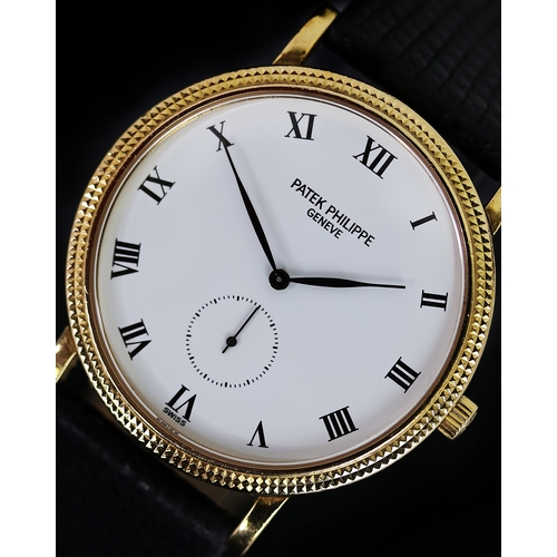 34 - 18CT PATEK PHILIPPE CALATRAVA MECHANICAL WRISTWATCH, circular white dial with roman numeral hour mar... 