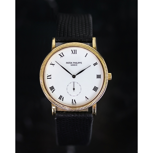 34 - 18CT PATEK PHILIPPE CALATRAVA MECHANICAL WRISTWATCH, circular white dial with roman numeral hour mar... 