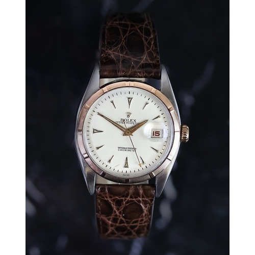 41 - RARE ROLEX OYSTER PERPETUAL 'EARLY DATEJUST' REFERENCE 6075 CIRCA 1951, circular silver dial with ba... 