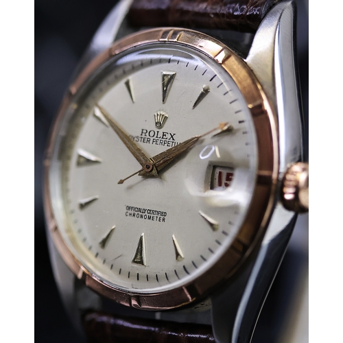 41 - RARE ROLEX OYSTER PERPETUAL 'EARLY DATEJUST' REFERENCE 6075 CIRCA 1951, circular silver dial with ba... 