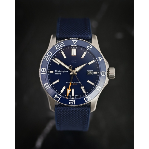 6 - CHRISTOPHER WARD C60 GMT BOX AND PAPERS 2019, circular gloss black dial with applied baton hour mark... 