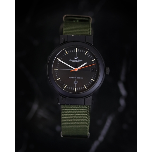 7 - IWC PORSCHE DESIGN COMPASS AUTOMATIC WRISTWATCH, circular black dial with cream patina baton hour ma... 