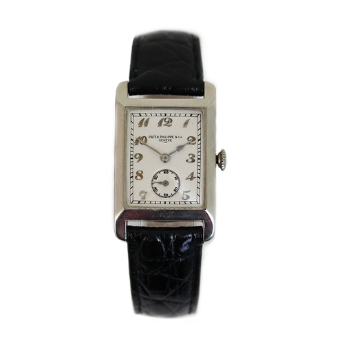 70 - FINE PATEK PHILIPPE 18CT DRESS WATCH CIRCA 1929 WITH ARCHIVE PAPERS, rectangular white dial with Bre... 