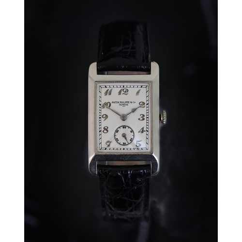 70 - FINE PATEK PHILIPPE 18CT DRESS WATCH CIRCA 1929 WITH ARCHIVE PAPERS, rectangular white dial with Bre... 