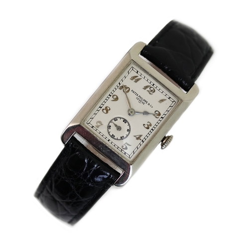 70 - FINE PATEK PHILIPPE 18CT DRESS WATCH CIRCA 1929 WITH ARCHIVE PAPERS, rectangular white dial with Bre... 