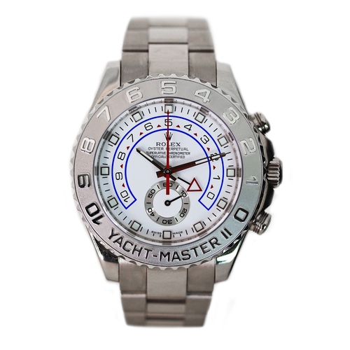 74 - 18CT ROLEX YACHT MASTER II REFERENCE 116689, circular white dial with applied hour markers, regatta ... 