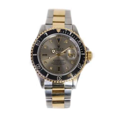 80 - ROLEX SUBMARINER SERTI DIAL REFERENCE 16613 CIRCA 1995, circular silver Serti dial with sapphire and... 