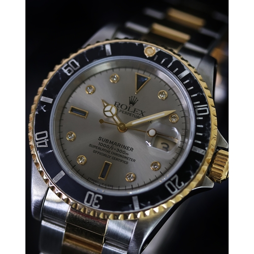 80 - ROLEX SUBMARINER SERTI DIAL REFERENCE 16613 CIRCA 1995, circular silver Serti dial with sapphire and... 