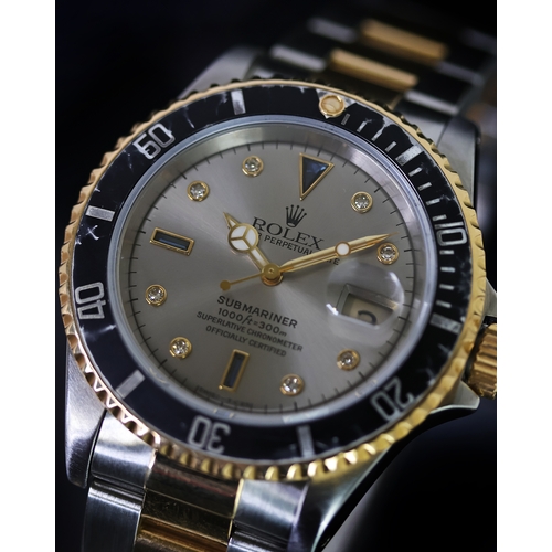 80 - ROLEX SUBMARINER SERTI DIAL REFERENCE 16613 CIRCA 1995, circular silver Serti dial with sapphire and... 