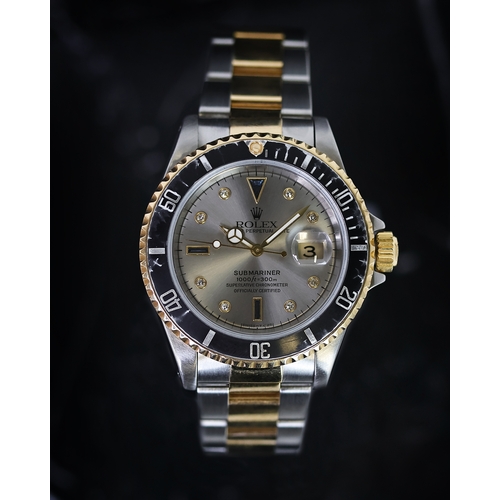 80 - ROLEX SUBMARINER SERTI DIAL REFERENCE 16613 CIRCA 1995, circular silver Serti dial with sapphire and... 