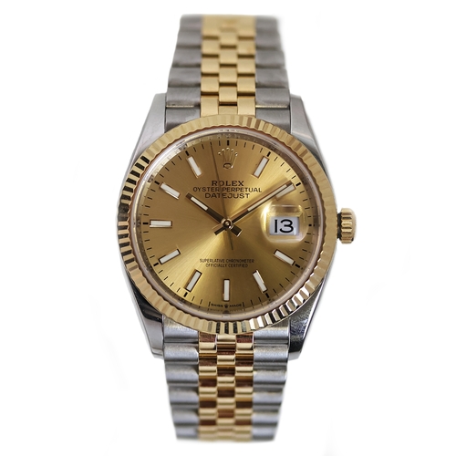 83 - ROLEX DATEJUST 36 STEEL AND GOLD REFERENCE 126233 BOX AND PAPERS 2020, circular champagne dial with ... 