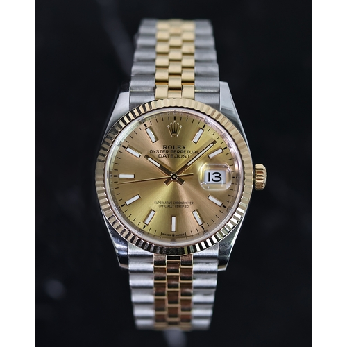 83 - ROLEX DATEJUST 36 STEEL AND GOLD REFERENCE 126233 BOX AND PAPERS 2020, circular champagne dial with ... 